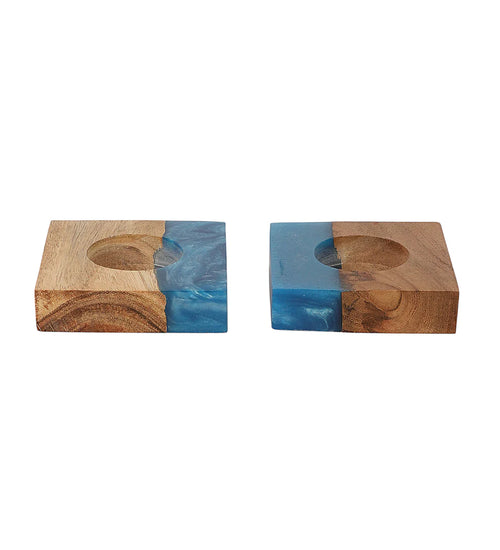 Mangowood Tealight Holder (Brown & Blue) | Natural Wood Decor
