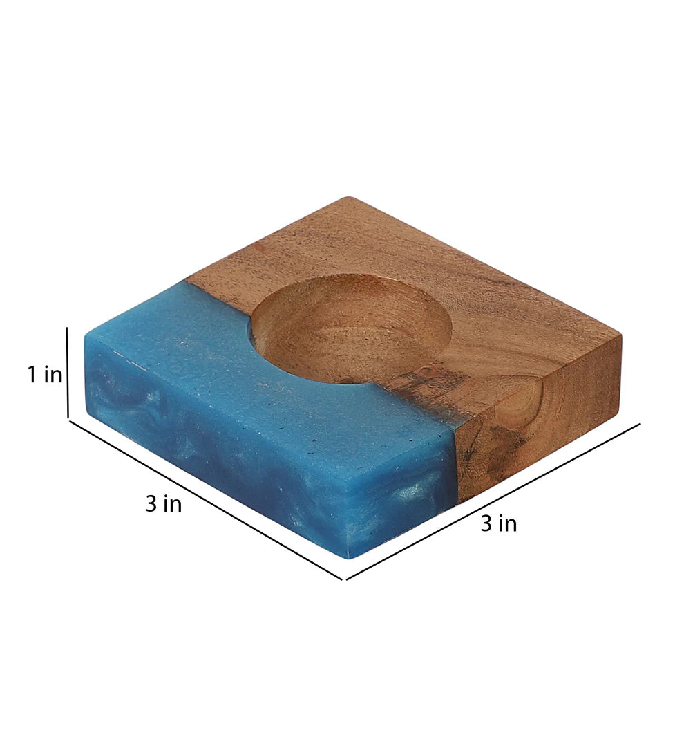 Mangowood Tealight Holder (Brown & Blue) | Natural Wood Decor