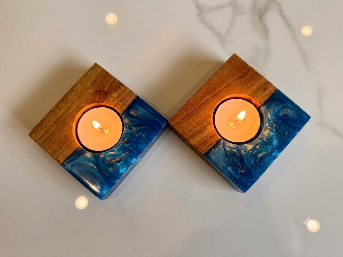 Mangowood Tealight Holder (Brown & Blue) | Natural Wood Decor